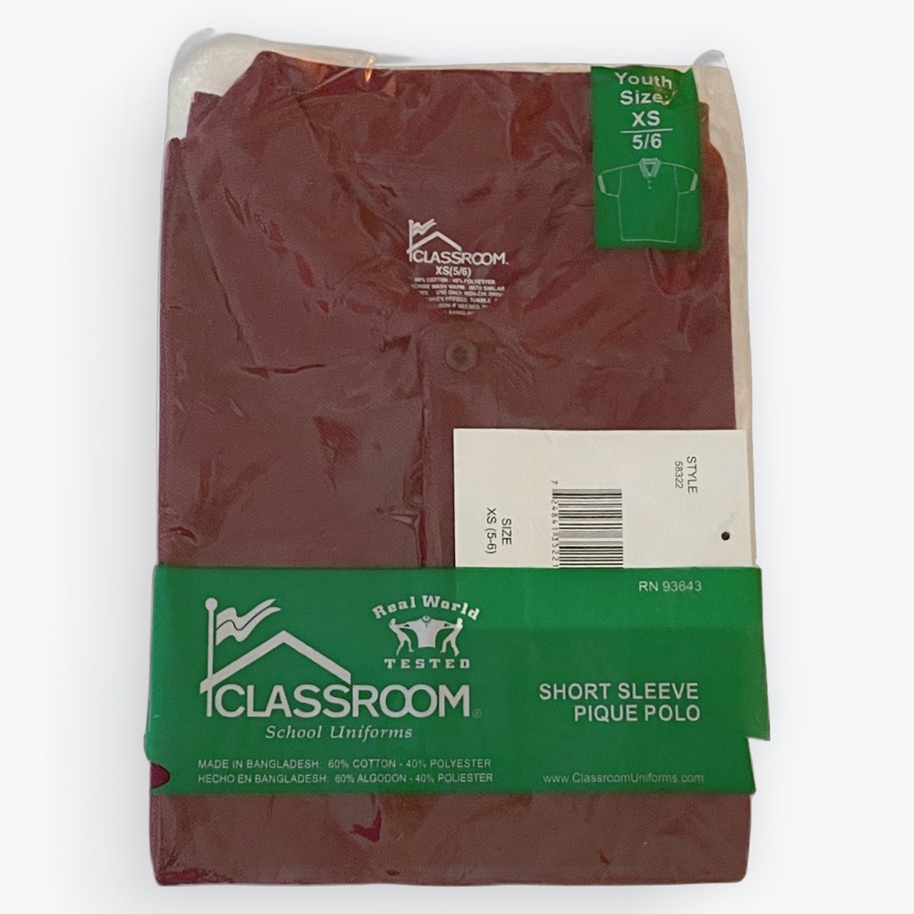 Classroom School Uniform Polo – Burgundy – Youth XS (5/6) – NEW